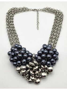 VCLM Silver Tone Slate Blue Gray Faux Pearl Cluster Bib Necklace Statement 17 in